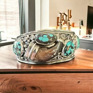 Native American Solid Sterling Bear Claw & Godber Turquoise Cuff -Signed